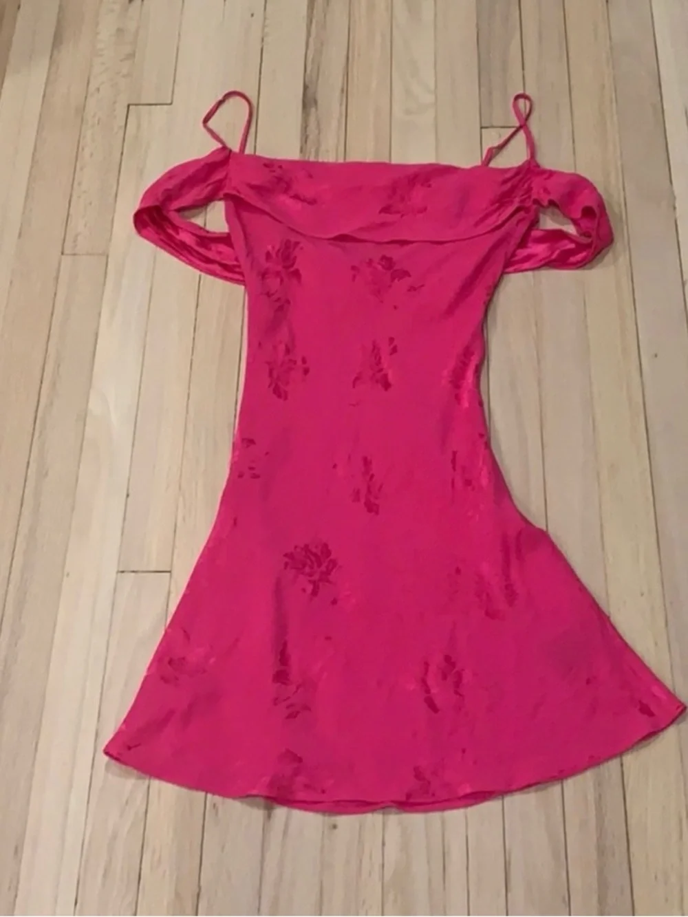 neon blonde hot pink floral off shoulder mini dress barbie core - Picture 3 of 4